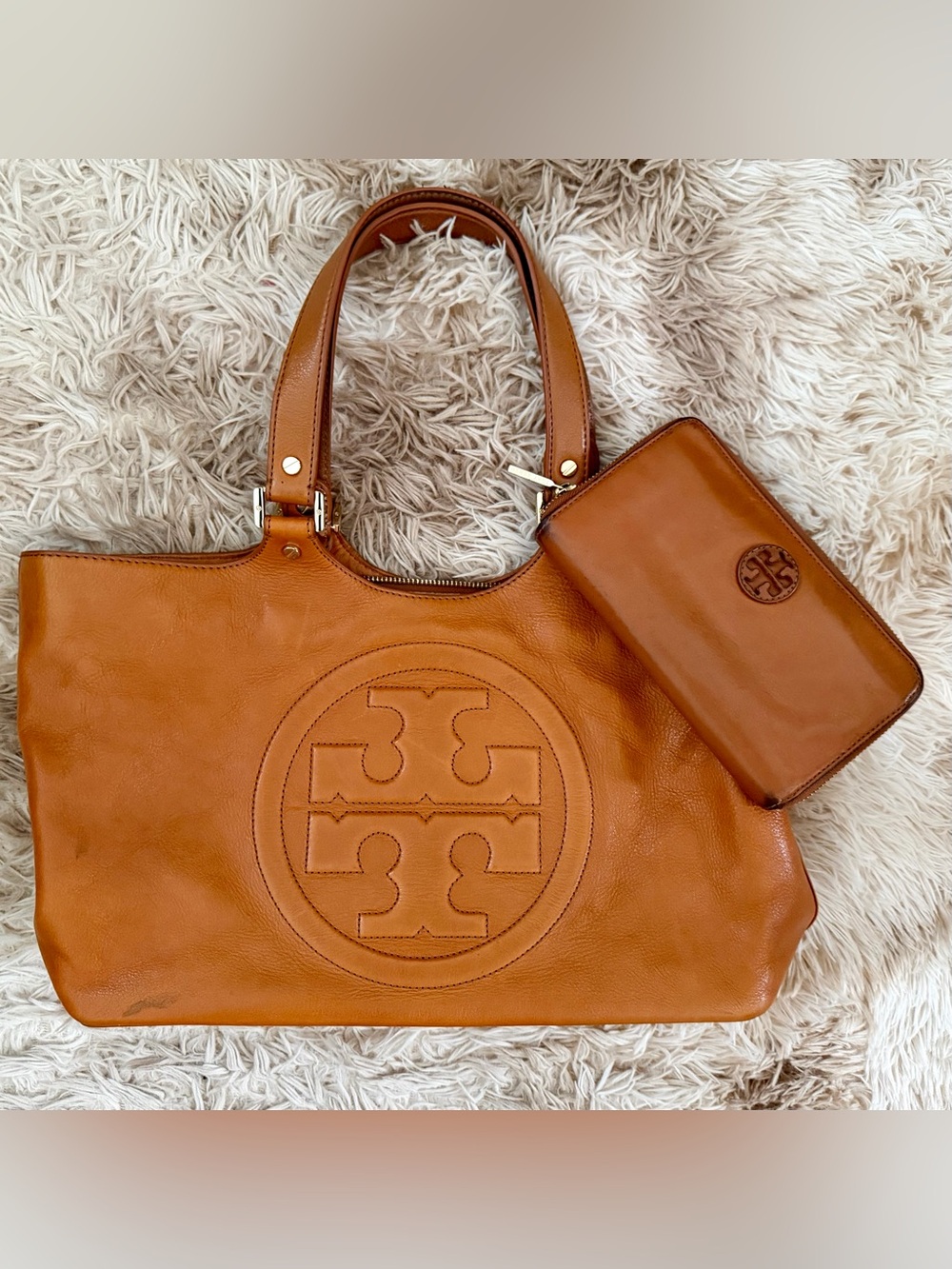 Tory Burch Cognac Leather Tote with Matching Zip Wallet
